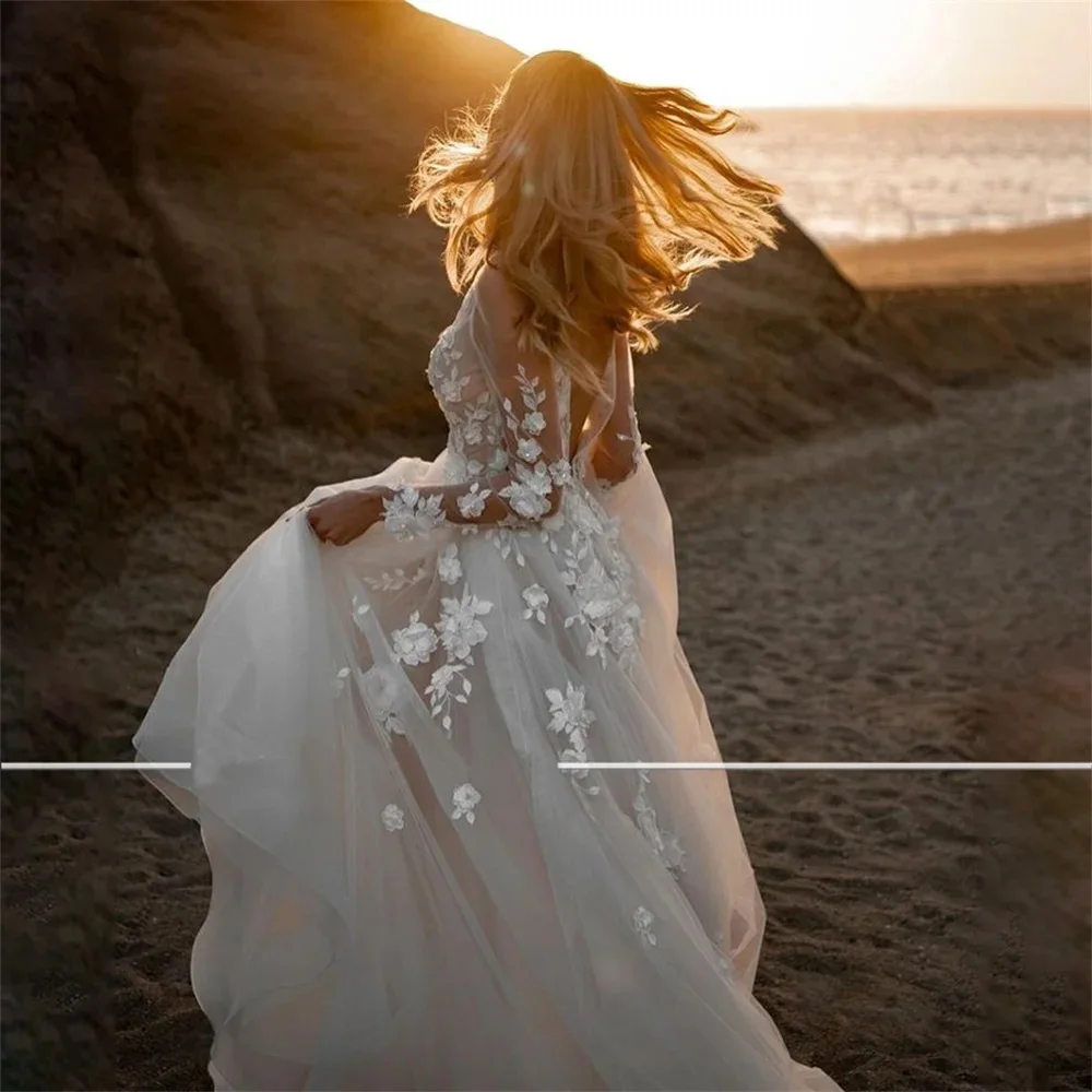 نمط جديد مثير العميق الخامس الرقبة ألف خط فساتين الزفاف تول مع الدانتيل الزهور طويلة الأكمام النساء زي العرائس vestidos de novia