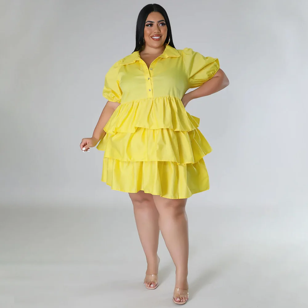 Vestido curto babados para mulheres, plus size, manga curta, botão, mini vestidos, roupas de verão, streetwear, hotsweet, casual, 2023