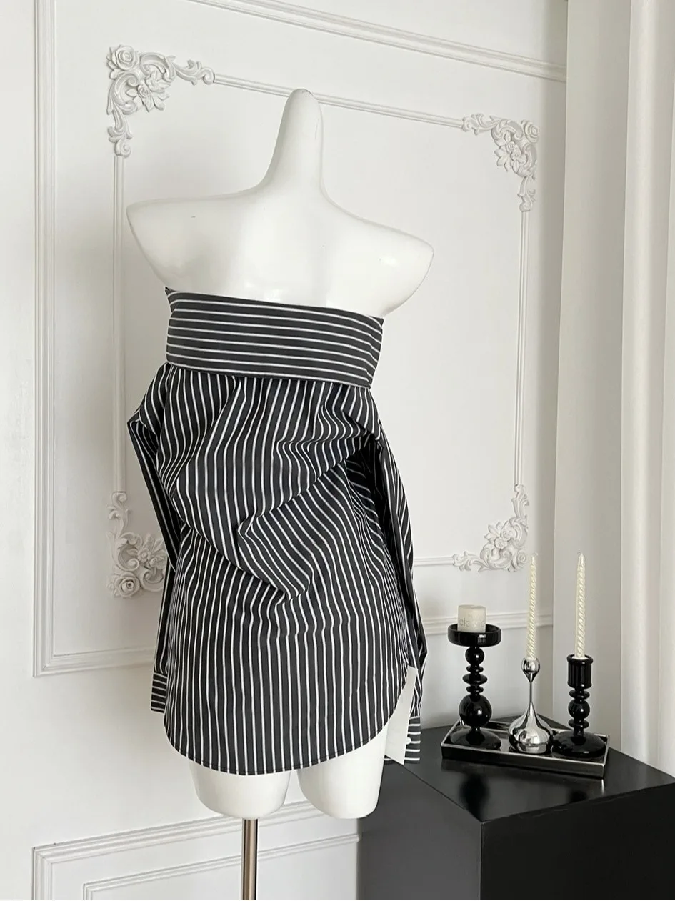 Casual Koreaanse Sle Loose Fit oulder Bared irt Dames verwijderbare patchwork verticale strepen Tweerichtingskleding Katoenmix