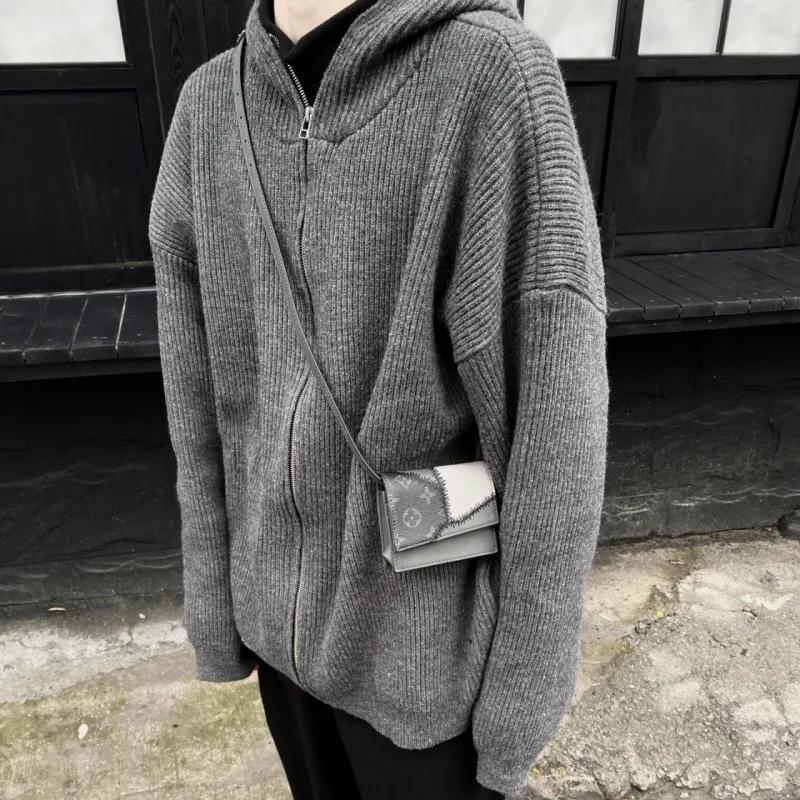 OIMG Vintage Zipper Hooded Cardigan Sweater Spring Autumn New Style Lazy Style Casual Knitted Top