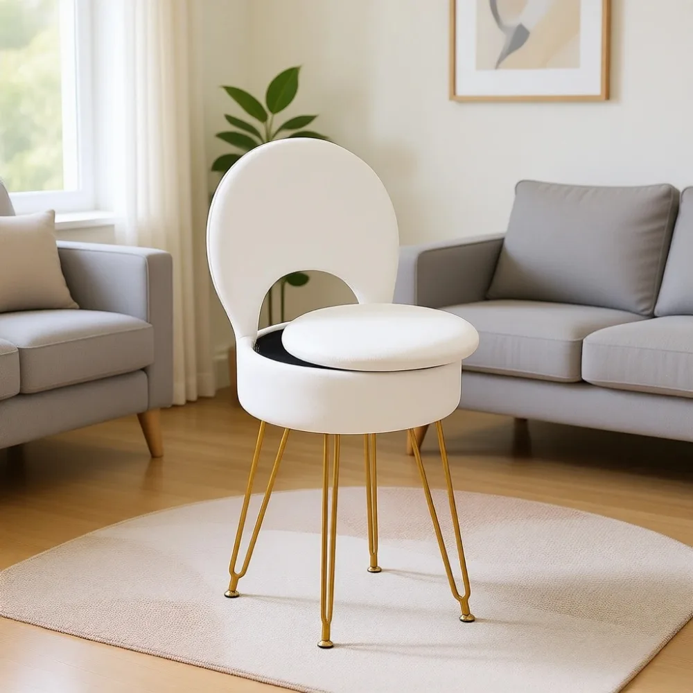 

Компактный бархатный белый табурет-пуф со складной спинкой, отсеком для хранения, противоскользящей основой и золотыми ножками