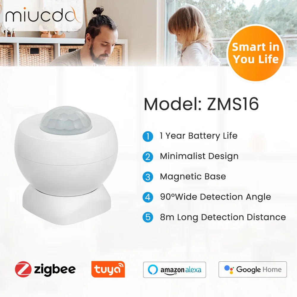 MIUCDA Tuya ZigBee3.0 Smart Motion Sensor 90° Human Movement Detector Family Security Burglar Alarm Work With Alexa Google Home