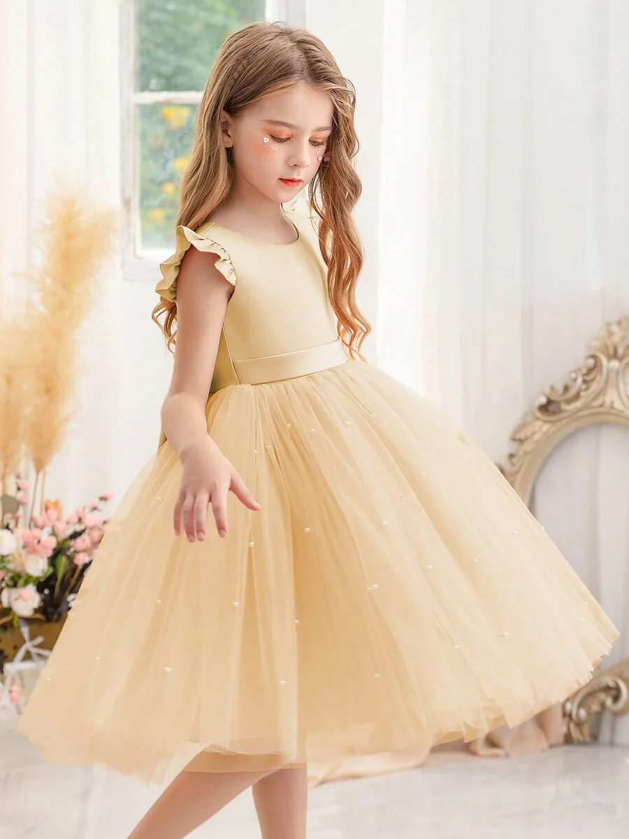 

Elegant Beige Tulle Ball Gown With Ruffles And Pearls For Formal Evening Cocktail Party