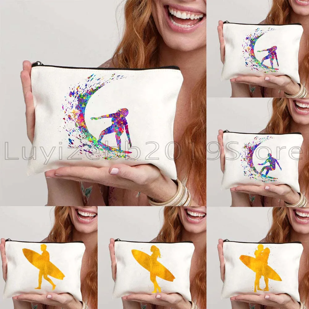 

Акварельный серфер, девушка, мужчина, серфинг, любитель серфинга, милые подарки, холщовые косметички, косметичка, туалетная сумка, пенал, кошелек для монет, сумка