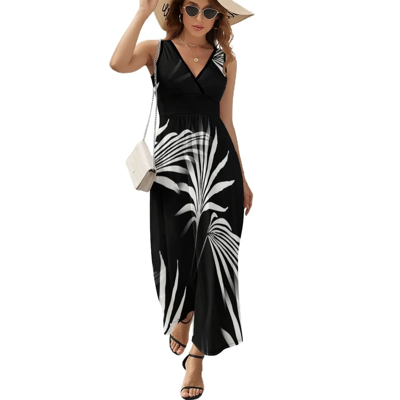 

Tropical Palm Fronds Leaf Print Black and White Sleeveless Dress women dress beach dress chic and elegant woman dress