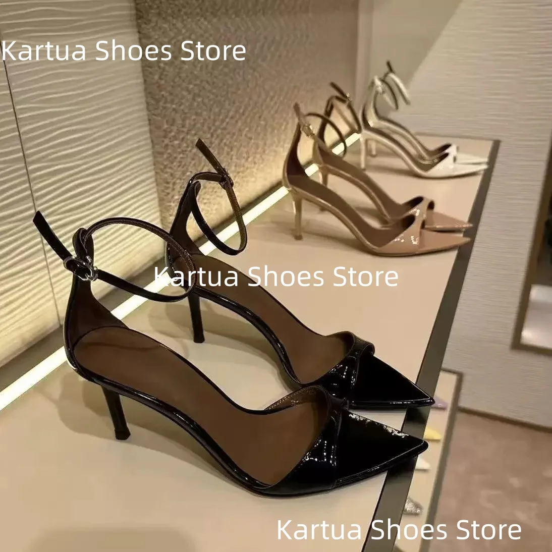 Women's Black Patent Leather Square Buckle Detail Pointed Toe Stiletto High Heel Sandals Sexy Elegant Ladies Office Daily Shoes