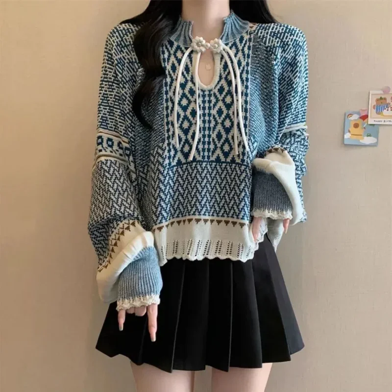 

Blue and White Porcelain Color-blocked Jacquard Stand Collar Sweater Loose Lantern Sleeves Retro Knit Top