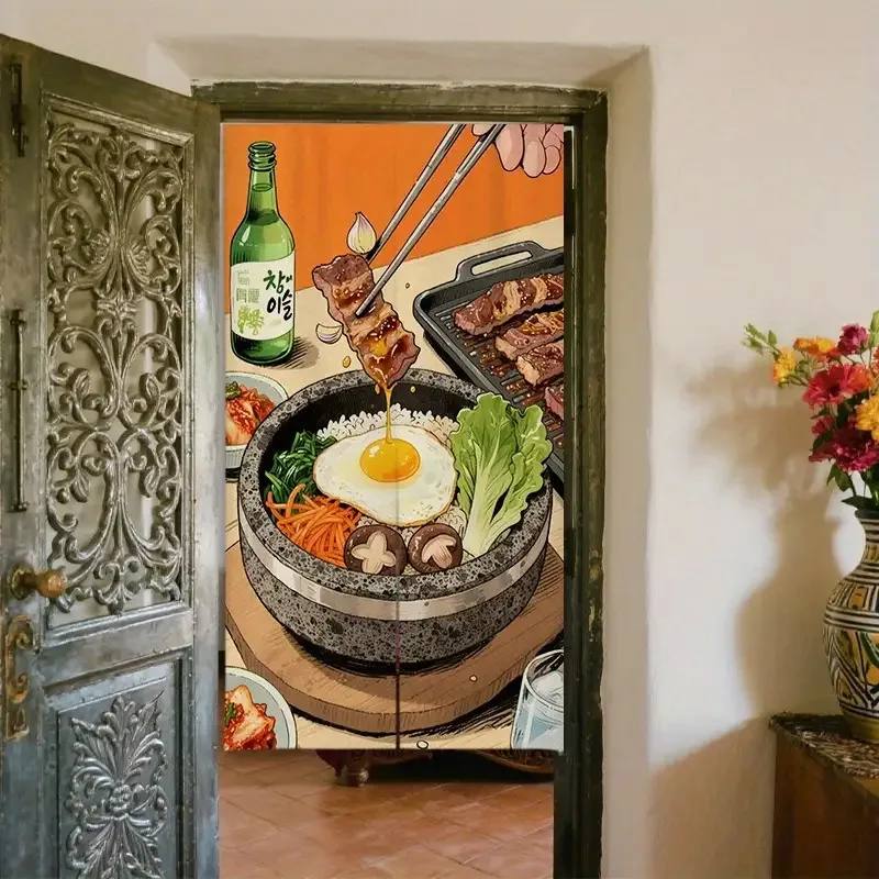 VIKAMA Korean Bibimbap Door Curtain, Hand-Drawn Food Print, Light-Blocking , Trendy Partition Curtain for Restaurant & Kitchen