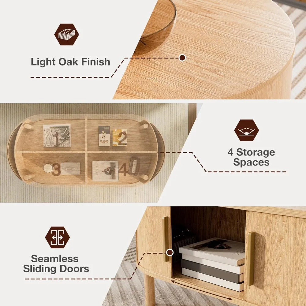 طاولة قهوة لغرفة المعيشة، طاولة قهوة بيضاوية حديثة مع خزائن وأبواب منزلقة، مساحة صغيرة للمنزل، 29.9 طاولة مركزية مخددة