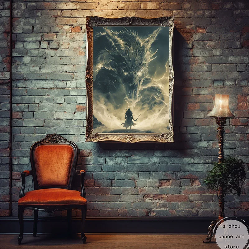 Fiery Fantasy Style Dragons Giant Dragon Japanese Samurai Art Poster Canvas Painting Wall Prints Picture Living Room Home Decor