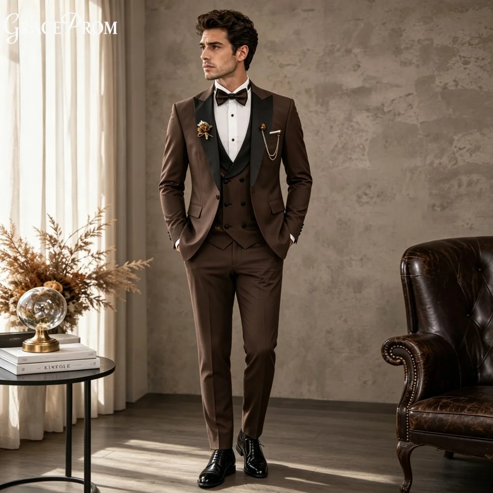 Elegant Coffee Black Lapel Men Suit Set 3PCS 2027 For Wedding Formal Business Groom Best Man Outfit Office Customized Men's Suit