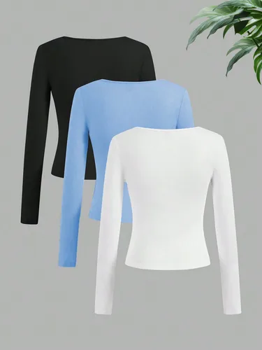 Imagen 2 del producto Conjunto de tres piezas de camiseta informal de manga larga con cuello redondo, top de moda para uso diario para mujer, perfecto para capas