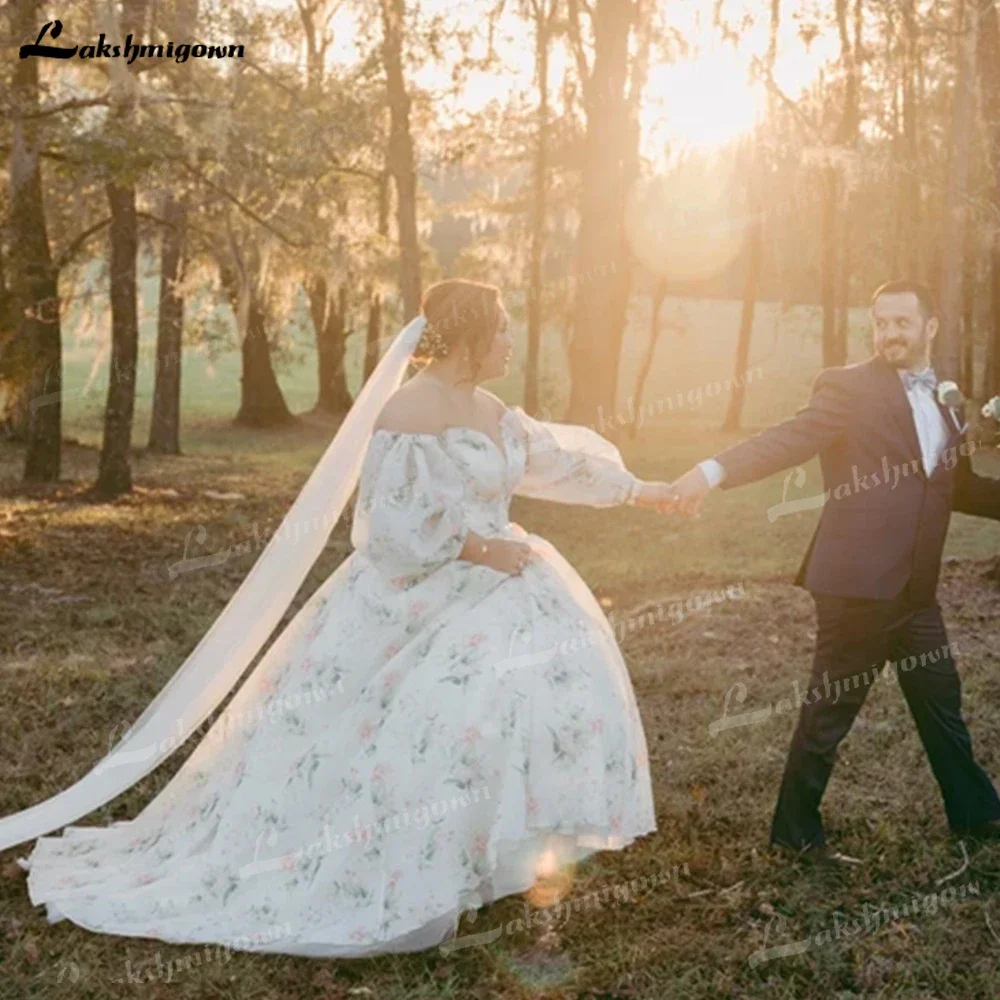 Romantic Floral Print Pink Off The Shoulder Puff Sleeve A line Wedding Guest Formal Gown Reception Dress Bridal Shower Evening