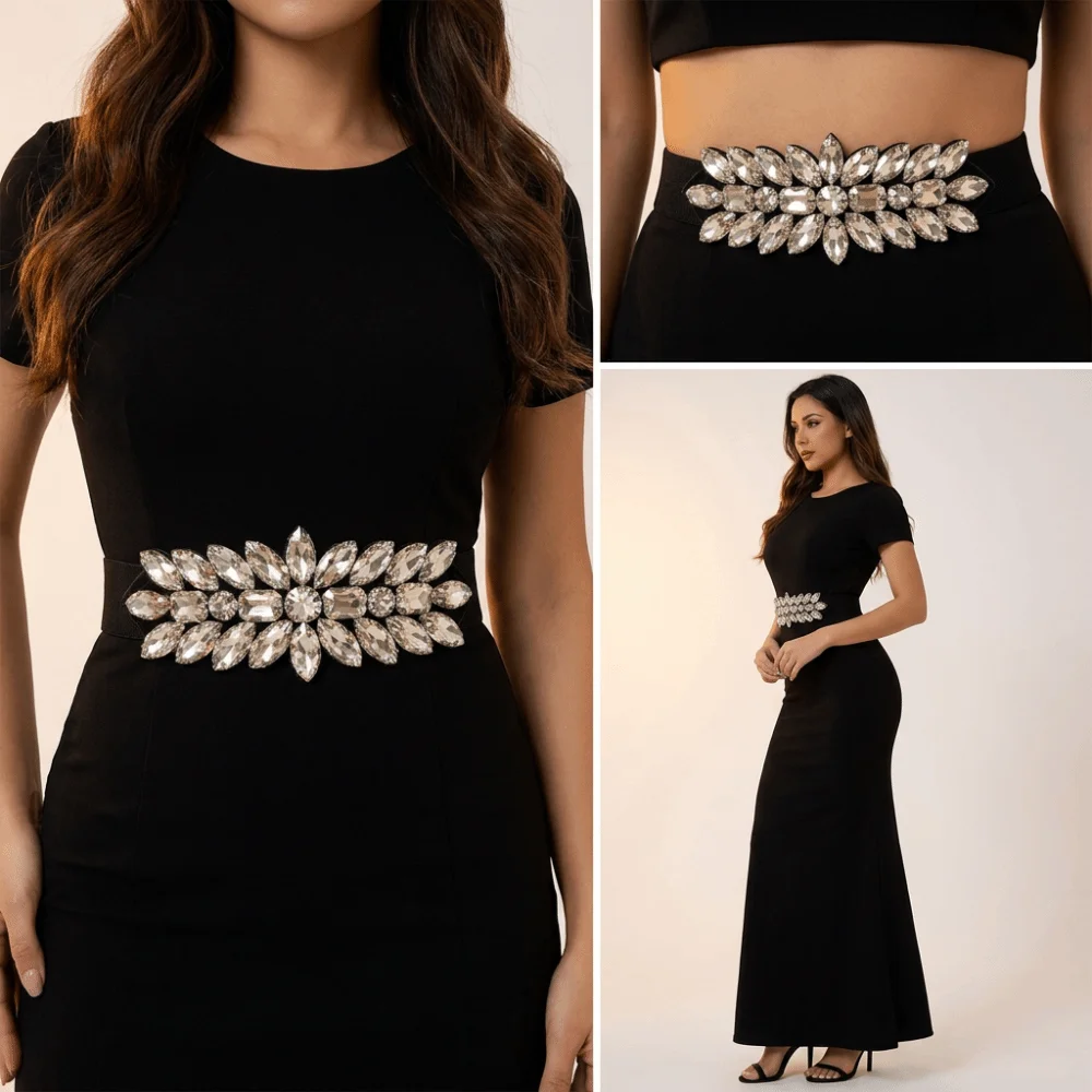 Shiny Crystal Stretch Waist Belt Large-Grain Rhinestone Elastic Waist Belt Exaggerated Ornate Style Sparkly Waist Cincher