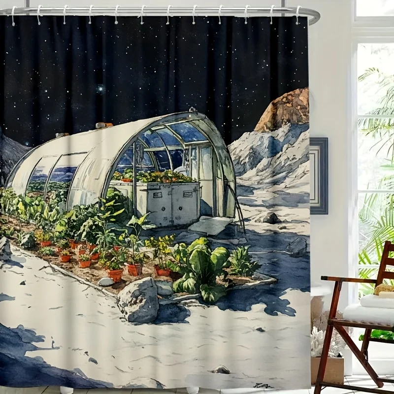 

Space Greenhouse Shower Curtain, Sci-Fi Mars Garden, Alien Planet Landscape, Waterproof Polyester Fabric, Modern Bathroom Decor