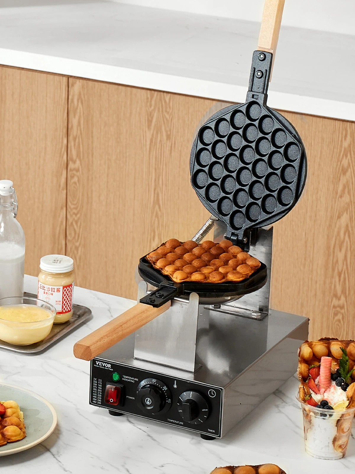 SucceBuy Commerciële Egg Bubble Wafelijzer 1400W Non-stick RVS Bubble Puff w/180 °   Draaibare 2-pannen en houten handgrepen - afbeelding 2