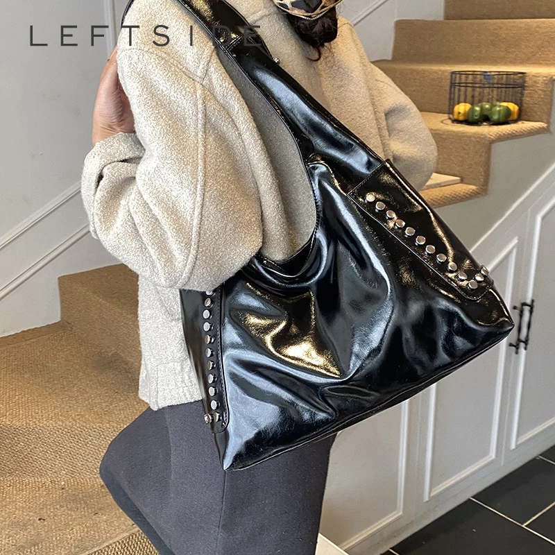 

LEFTSIDE Women's Patent Leather Crossbody Bag Stud Detail Retro Edgy Aesthetic Daily Shopping Casual Shoulder Bag 2026 Handbag