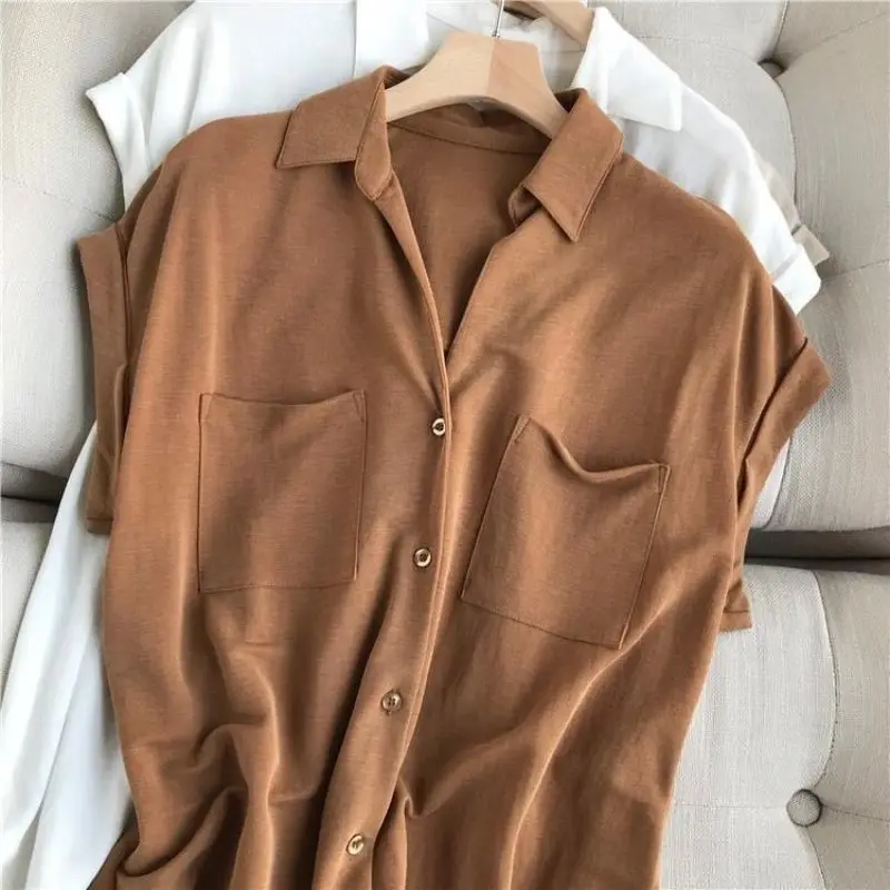 Women Summer Simplicity Loose Fashion Pocket Solid Color Chiffon Polo-Neck Short Sleeve Shirts Ladies Casual All-match Top Tee