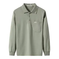 Polo décontracté à manches longues pour hommes d'âge moyen, pur coton, poche adt, haut masculin assressenti, t-shirt de printemps et d'automne