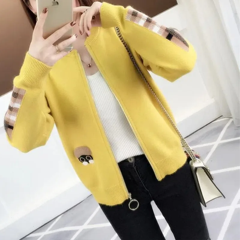 

Crew Neck Lantern Long Sleeve Cartoon Zipper Cardigan Coats Sweater Knitted Women's Clothing Autumn Winter Contrast Color Tops