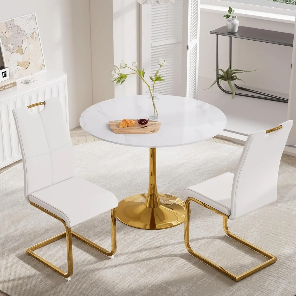 طاولة طعام مستديرة مقاس 34 بوصة لسطح MDF من الرخام الأبيض السميك 2-4 - 0.7 بوصة وقاعدة معدنية ذهبية، مطبخ حديث في منتصف القرن #1