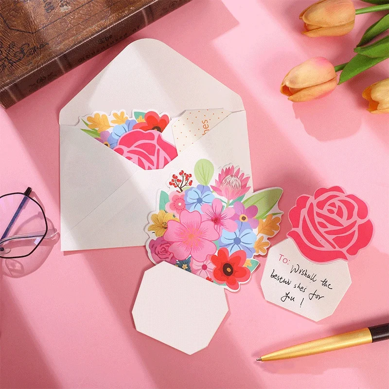 

2PCS Teacher's Mother's Day Greeting Card Creative 3D Bouquet Gratitude Card Gift Birthday Holiday Blessing Card with Envelope