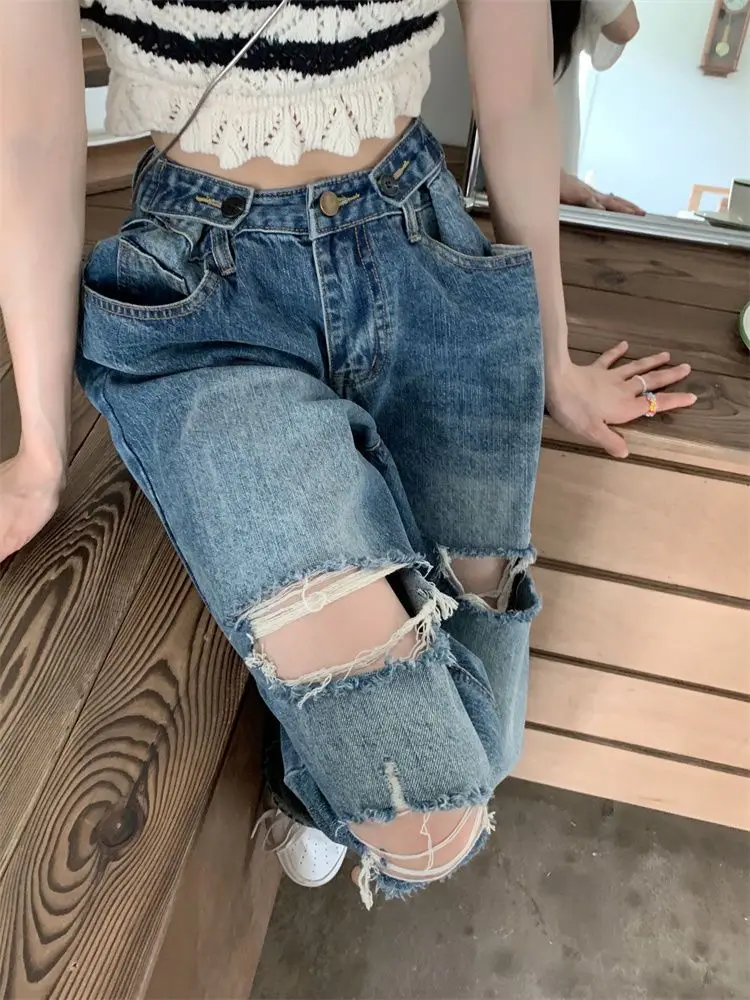 Korean Vintage High Waist Hole Straight Jeans Womens Loose Denim Pants 2023 Casual Female Wide Leg Pants Streetwear Mom Jeans