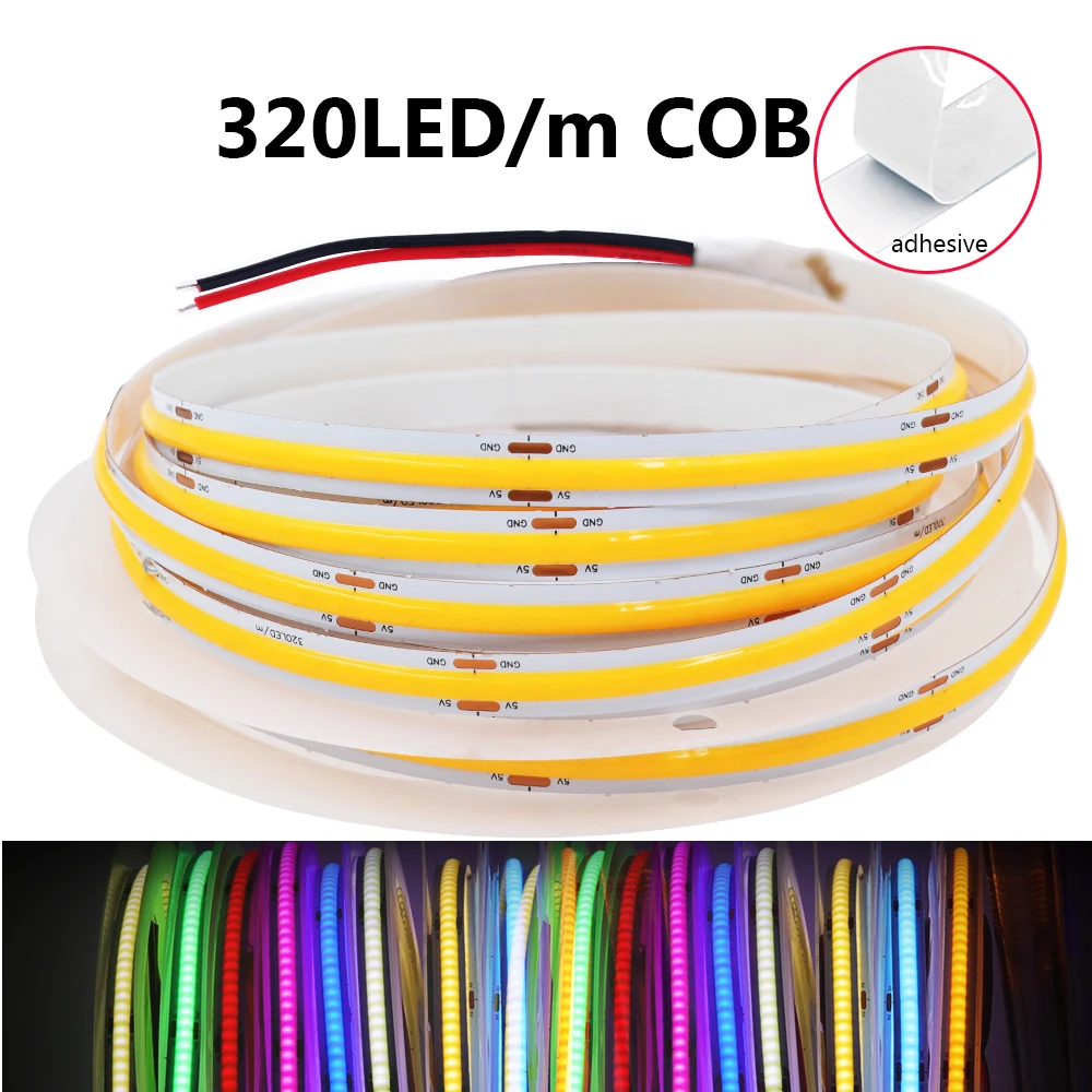 Bande lumineuse LED COB DC 12V 24V, 5mm 8mm de largeur, 320 diodes/m, bande lumineuse LED Flexible, rouge bleu, lampe de décoration pour la maison, 1m 2m 3m 4m 5m