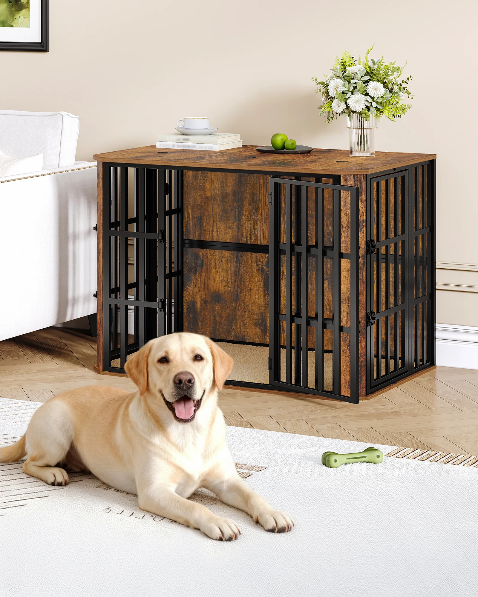 Mobili per gabbie per cani, scatola per cani in legno per uso interno con porta superiore per alimenti, design multi-porta, tavolino per gabbie per cani per uso medio