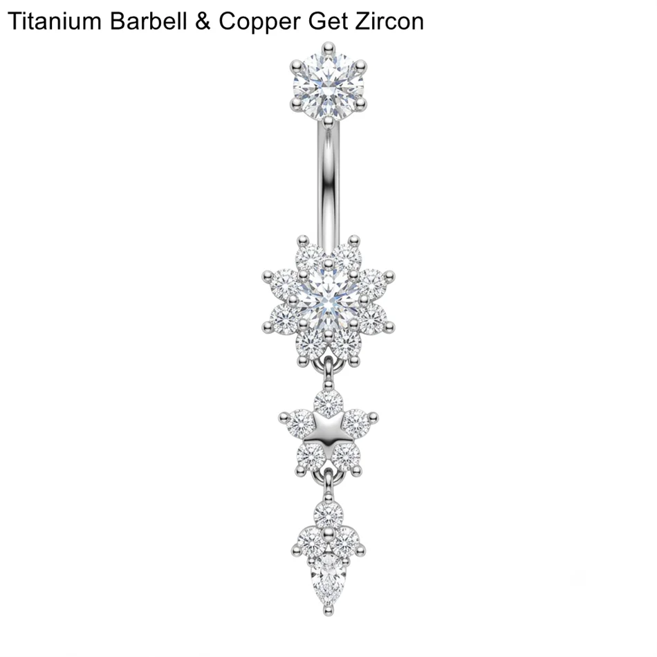 14G Titan Bauchnabelpiercing Barbell mit langen Anhängern, Bauchnabelringe mit Zirkonia-Blumen und Schmetterlingen, Bauchnabel-Curve für Damen, Körperschmuck