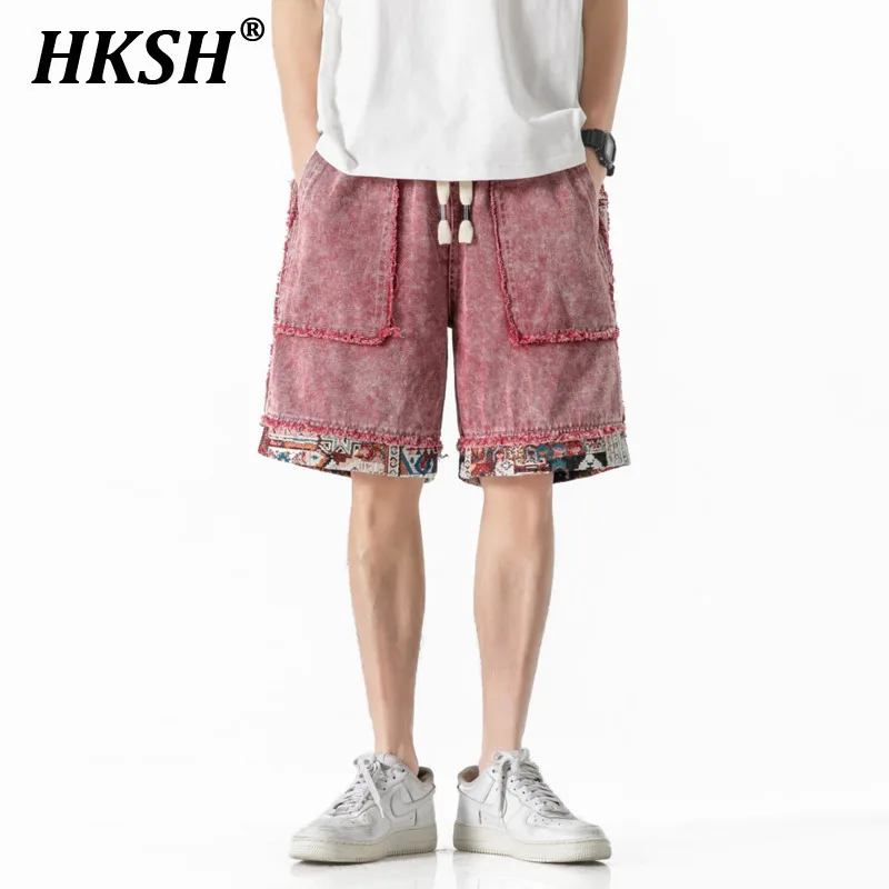 

HKSH Punk Retro Washed Denim Shorts Men Tide Summer New Ethnic Color Blocked Cropped Half Length Pants High Street Capris HK4547