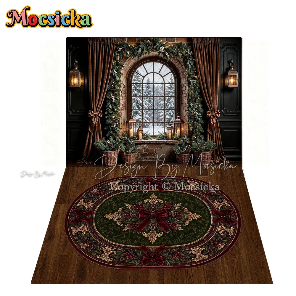 Mocsicka Backdrop Photography Christmas Fireplace Window Wreath Garland Lantern Retro Indoor Background Winter Kid Photo Studio