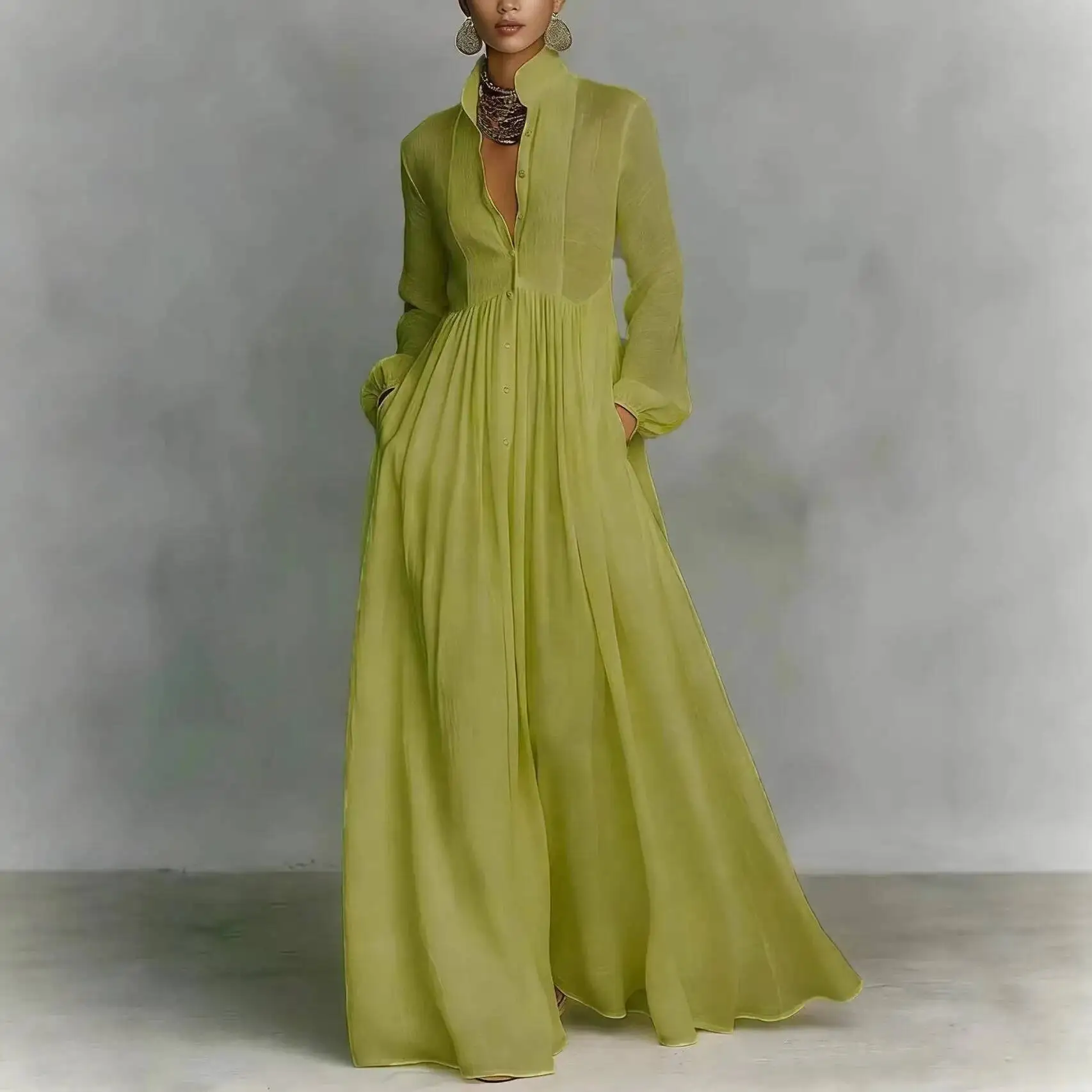 

French Elegant High Waist Swing Long Dress Woman Spring Solid Pockets Pleated Maxi Dress Autumn Long Sleeve Button Evening Dress