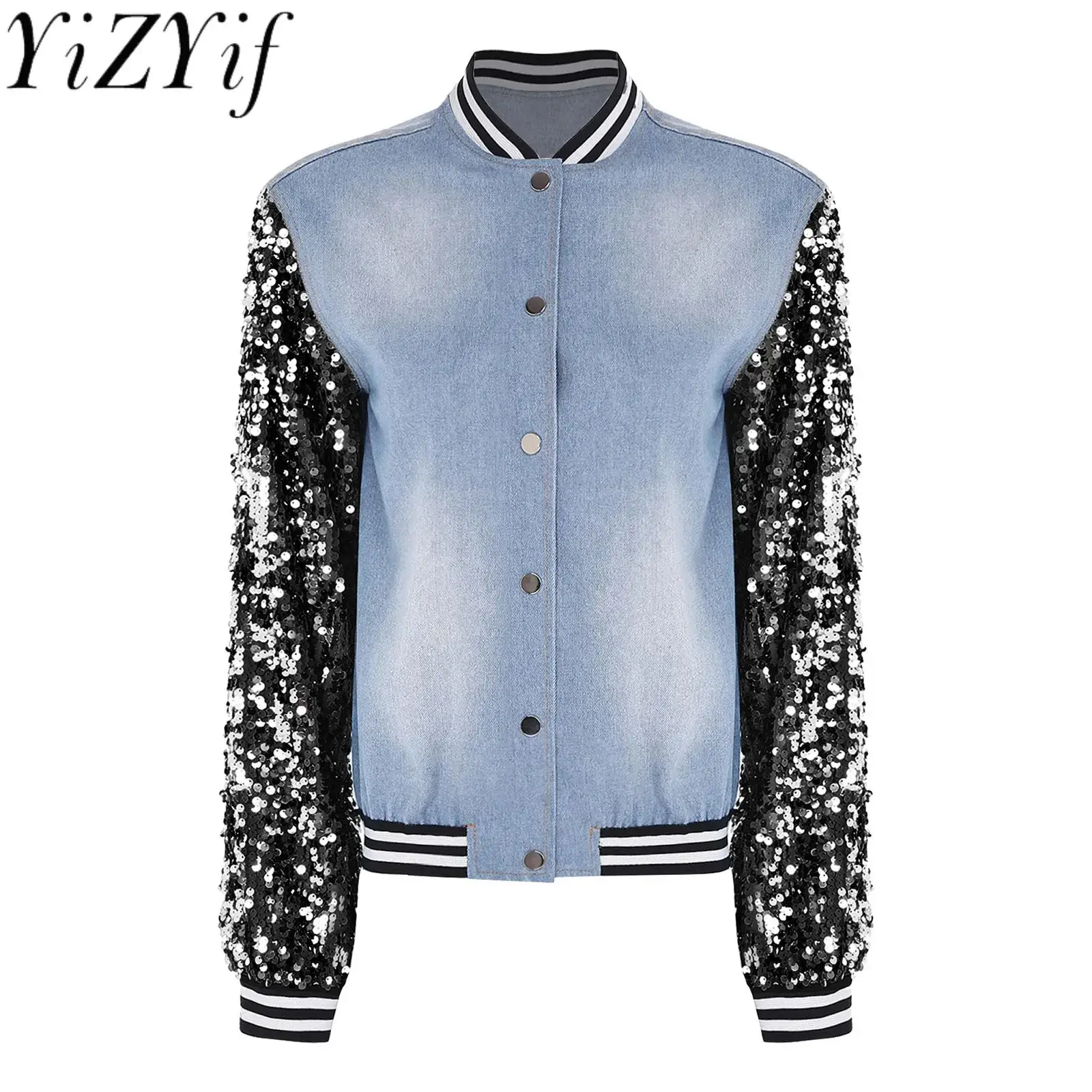 

Women Fashion Denim Baseball Jacket Sequin Sleeve Front Button-up Striped Trim Bomber Jacket Outerwear for Daily Casual Coats
