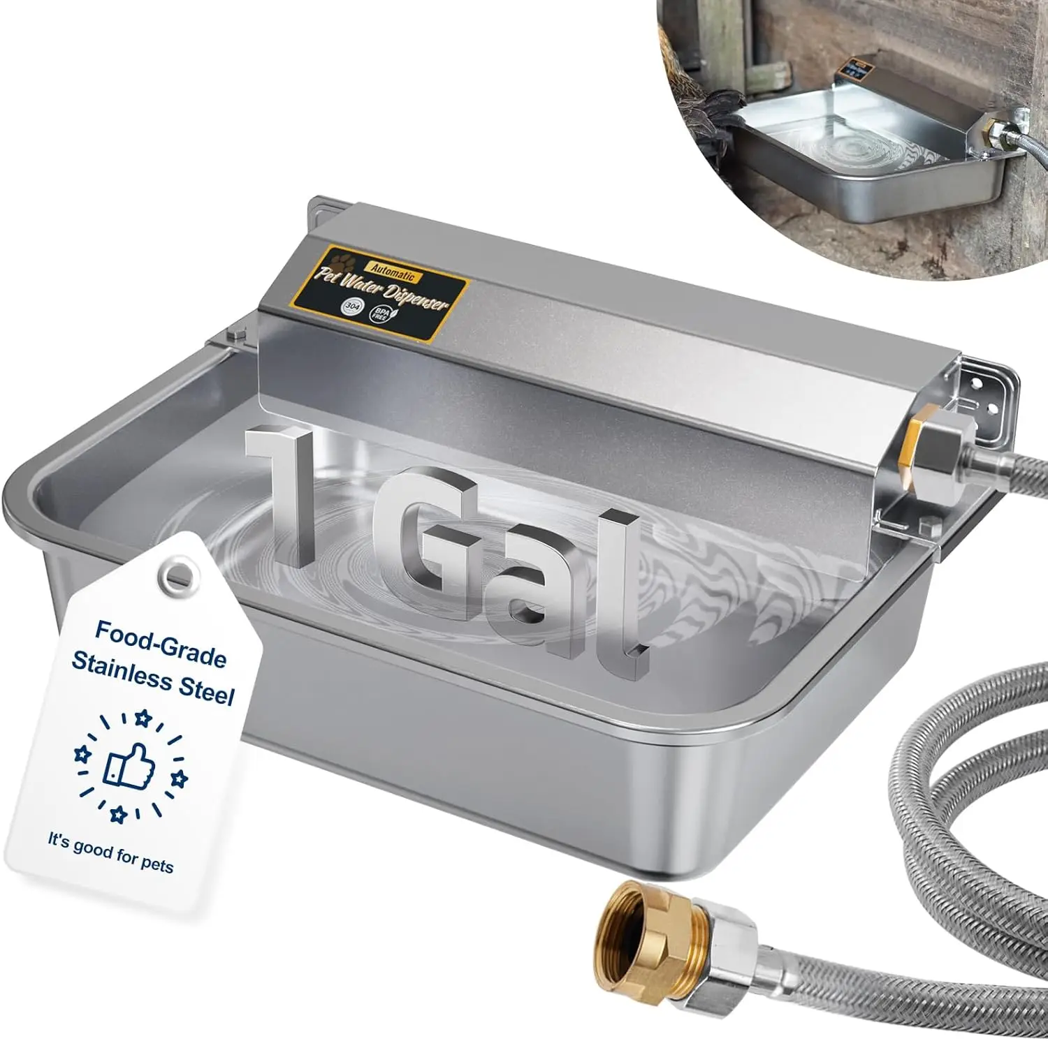 

1Gal/3.8L Automatic Water Dispenser for Dogs, Patented Automatic Dog Waterer Bowl for Outdoor, Stainless Steel Water Bowl