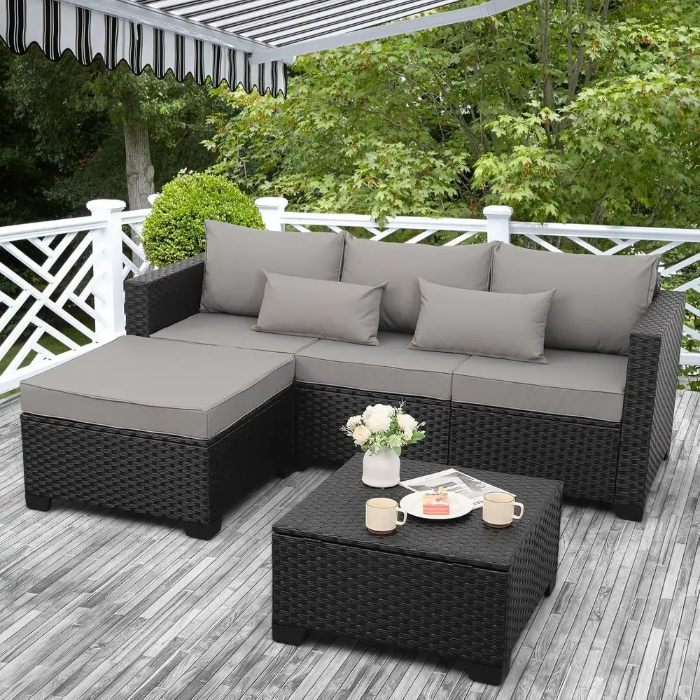 

All-Weather Light Grey Outdoor Patio Sectional Set with Ottoman and Storage Table, Anti-Slip Cushions, Waterproof Covers