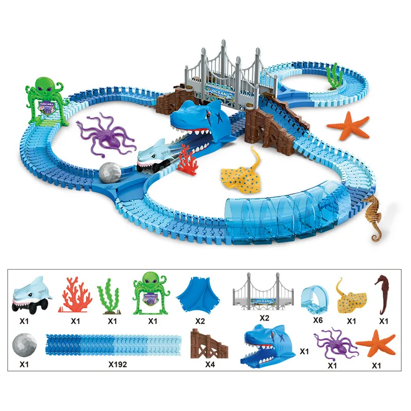 Elektrische Shark Rail Car Educatief Veelzijdig Diy Assemblage Achtbaan Monster Racing Set Speelgoed Kinderen Stoomset Verjaardagscadeau