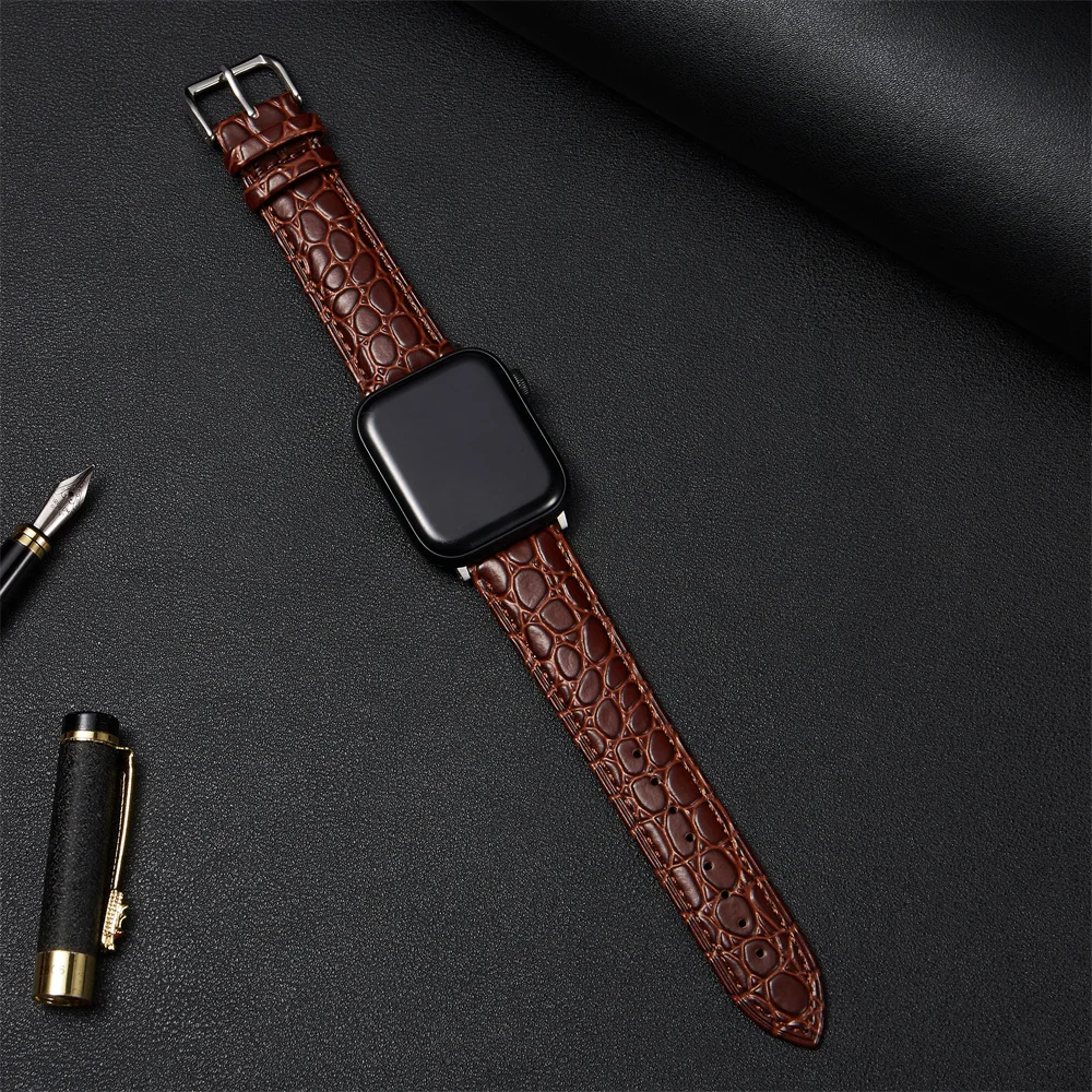 Crocodile Pattern Design Calfskin Leather Watchband for Apple Watch 8/7/6/5/4/3/se/ultra iwatch Strap 38/40/41/42/44/45/49mm