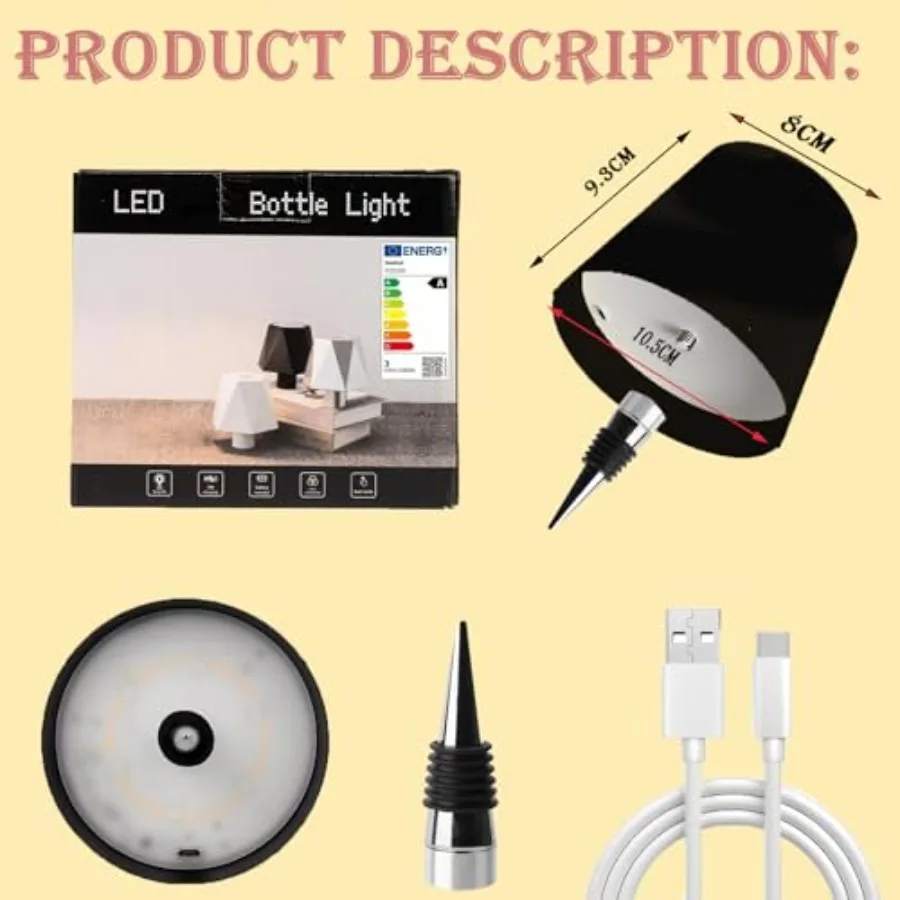 Wireless Wine Bottle Lamp, 3 Color Light Dimming Metal Wine Bottle Light, Rechargeable Waterproof Bottle Touch Lamp Head with f