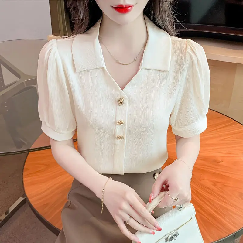 V-neck Short Sleeved Chiffon Shirt Women\'s Summer New Fashionable Temperament Office Versatile Single-breasted Lady Shirt