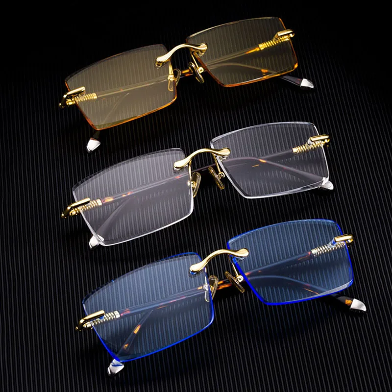 

Glass Sunglasses Men Natural Crystal Stone Blue Yellow Lens Vintage Sunglasses for Men Retro Rimless Sunglasses Man Anti Scratch