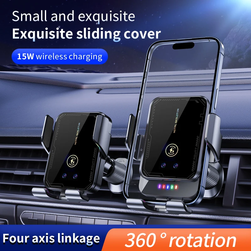 15W Auto‑Align Wireless Car Charger – 4‑Axis Link, 360° Rot, Built‑in Battery, Compact, Sliding Cover for iPhone & Android