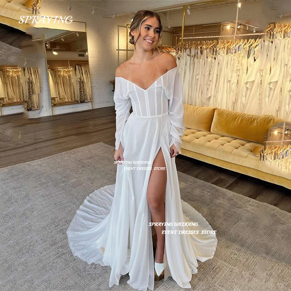 

SPRAYING Sexy V Neck Wedding Dress Saudi Arabia Off Should High Split Prom Gown Chifffon Long Sleeve Robe De Mariage Custom Made