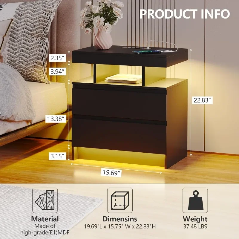 Charging Station and LED Light, Modern Night Stand with 2 Drawers, Smart Nightstand with USB Ports and Wireless Charger