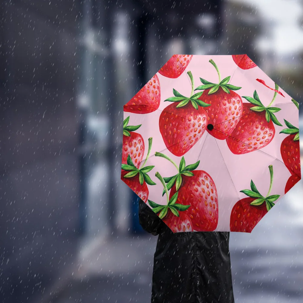 Strawberry Fruit Red Fresh Rain Foldable Umbrella for Women Males Eight Strands Sunny Umbrella Fully-automatic Umbrella