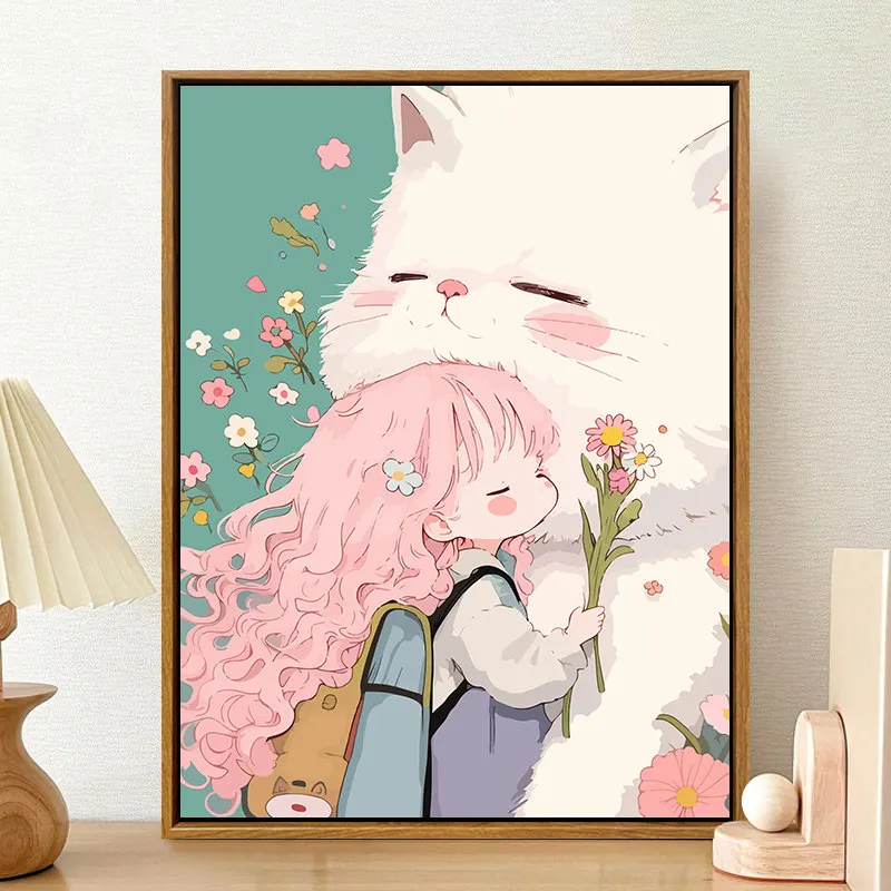 Katze & Mädchen Malen nach Zahlen für Erwachsene DIY-Sets Handgemalt auf Leinwand Ölgemälde Zeichnen Malen nach Zahlen
