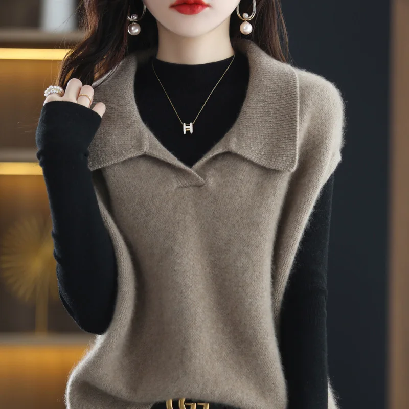 

Spring Autumn New 100%Pure Wool Cashmere Knit Vest Women's Pullover Lapel POLO Collar Sleeveless Sweater Outer Vest Short Sleeve