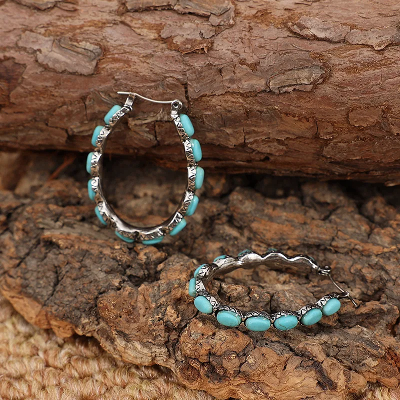 Retro Western Sle Turquoise Earrings Unique Ethnic U-aped een Turquoise Hoop Earrings Faionable Jewelry Accories