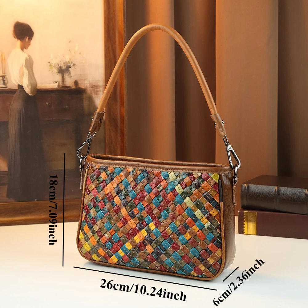 Retro Colorful Woven Genuine Leather Shoulder Bag Luxury Hand-Woven Multi-Color Patchwork Crossbody Bag Vintage Underarm Bag view 2
