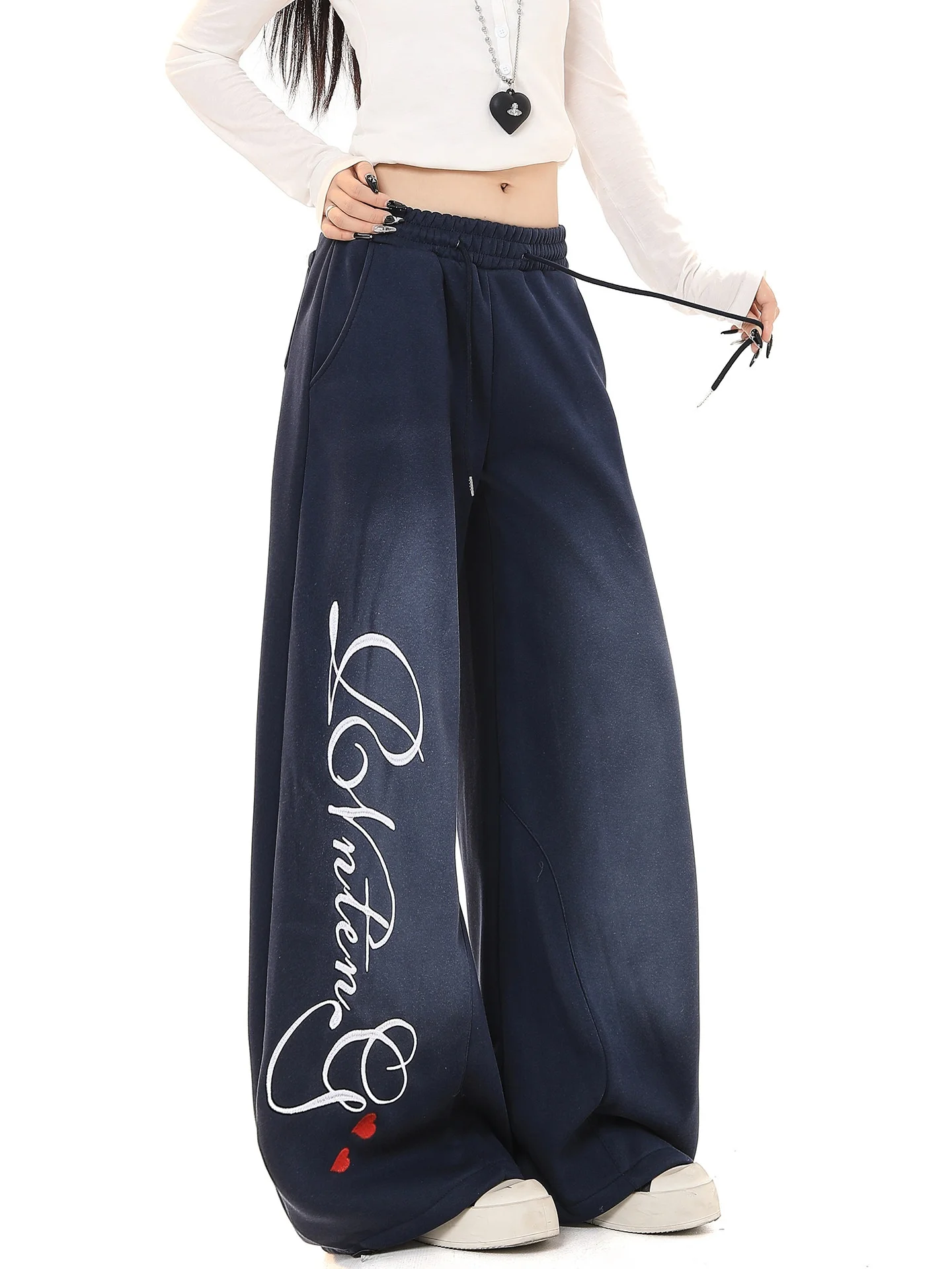 

American Street Sle Vintage Letter Print Wide Leg Pants Women's Spring Autumn Loose Versatile Dstring Casual Sports Pants